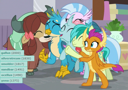 Size: 647x455 | Tagged: safe, edit, edited screencap, screencap, character:gallus, character:ocellus, character:sandbar, character:silverstream, character:smolder, character:yona, species:changedling, species:changeling, species:classical hippogriff, species:dragon, species:earth pony, species:griffon, species:hippogriff, species:pony, species:reformed changeling, species:yak, derpibooru, episode:the hearth's warming club, g4, my little pony: friendship is magic, bow, cloven hooves, colored hooves, derpimilestone, dragoness, female, hair bow, hug, jewelry, male, meta, milestone, monkey swings, necklace, student six, tags, teenager