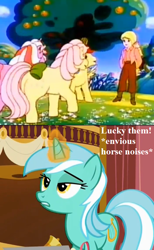 Size: 528x858 | Tagged: safe, edit, edited screencap, screencap, character:lyra heartstrings, character:megan williams, character:posey, character:powder, character:skydancer, species:earth pony, species:human, species:pony, species:unicorn, episode:escape from catrina, episode:slice of life, g1, g4, my little pony 'n friends, my little pony: friendship is magic, apple, apple tree, bell, bow, cropped, decoration, descriptive noise, female, food, horse noises, humie, jealous, magic aura, mare, plot, tail bow, text, that pony sure does love humans, town hall, tree