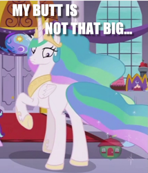 Size: 635x741 | Tagged: safe, edit, edited screencap, screencap, character:princess celestia, species:alicorn, species:pony, episode:a royal problem, g4, my little pony: friendship is magic, cropped, ethereal mane, female, image macro, mare, meme, missing cutie mark, plot, raised hoof, sunbutt, text, the ass was fat