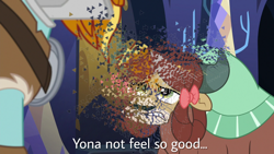 Size: 2560x1440 | Tagged: safe, edit, edited screencap, screencap, character:rockhoof, character:yona, species:pony, episode:a rockhoof and a hard place, g4, my little pony: friendship is magic, avengers: infinity war, disintegration, i don't feel so good, imminent death, implied death, meme, shitposting, thanos, thanos snap, yonabuse