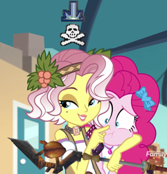 Size: 1437x1493 | Tagged: safe, edit, edited screencap, screencap, character:pinkie pie, character:vignette valencia, equestria girls:rollercoaster of friendship, g4, my little pony: equestria girls, my little pony:equestria girls, boop, cropped, discovery family logo, geode of sugar bombs, headlock, magical geodes, personal space invasion, runescape, scrunchy face, stranger danger, vignette valencia