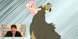 Size: 636x318 | Tagged: safe, edit, edited screencap, screencap, character:fluttershy, species:human, species:pony, episode:lesson zero, g4, my little pony: friendship is magic, bear, cartoon, image macro, implied murder, kids, killer, nostalgia critic, quote, tongue out, violence
