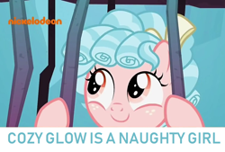 Size: 1052x712 | Tagged: safe, edit, edited screencap, screencap, character:cozy glow, species:pegasus, species:pony, episode:school raze, g4, my little pony: friendship is magic, bars, female, filly, foal, solo, truth, understatement