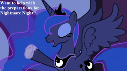 Size: 800x450 | Tagged: safe, edit, edited screencap, screencap, character:princess luna, species:pony, episode:princess spike, g4, my little pony: friendship is magic, bronybait, cute, dialogue, eyes closed, hoof shoes, lunabetes, nightmare night