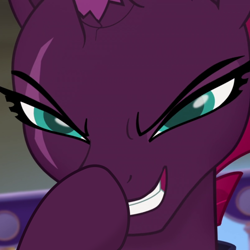Size: 600x600 | Tagged: safe, edit, edited screencap, screencap, character:tempest shadow, species:pony, species:unicorn, my little pony: the movie (2017), boop, broken horn, cropped, evil grin, eye scar, female, glimmerposting, grin, horn, mare, meme, scar, self-boop, smiling, solo, teeth