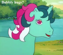 Size: 648x567 | Tagged: safe, edit, edited screencap, screencap, character:fizzy, species:twinkle eyed pony, episode:the ghost of paradise estate, g1, my little pony 'n friends, bronybait, cropped, cute, fizzybetes, hug request, text, tree