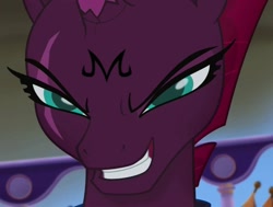 Size: 1061x804 | Tagged: safe, edit, edited screencap, screencap, character:tempest shadow, species:pony, species:unicorn, my little pony: the movie (2017), broken horn, corrupted, cropped, dragon ball z, equestria is doomed, evil grin, eye scar, female, grin, horn, majin, mare, possessed, scar, slasher smile, smiling, xk-class end-of-the-world scenario