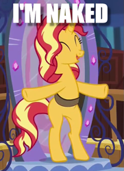 Size: 487x671 | Tagged: safe, edit, edited screencap, screencap, character:sunset shimmer, species:pony, species:unicorn, equestria girls:forgotten friendship, g4, my little pony: equestria girls, my little pony:equestria girls, bipedal, cropped, cute, female, image macro, meme, mirror, saddle bag, shimmerbetes, solo, text, we don't normally wear clothes