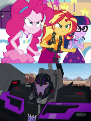 Size: 851x1136 | Tagged: safe, edit, screencap, character:pinkie pie, character:sunset shimmer, character:twilight sparkle, character:twilight sparkle (scitwi), species:eqg human, equestria girls:rollercoaster of friendship, g4, my little pony: equestria girls, my little pony:equestria girls, clash of hasbro's titans, crossover, decepticon, motormaster, stunticons, transformers, transformers robots in disguise (2015)