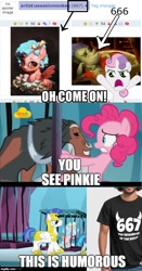 Size: 500x954 | Tagged: safe, edit, edited screencap, screencap, character:cozy glow, character:lord tirek, character:pinkie pie, character:sludge, character:sweetie belle, species:dragon, species:earth pony, species:pegasus, species:pony, episode:school raze, g4, my little pony: friendship is magic, 666, cage, female, filly, guard, male, mare, nose piercing, nose ring, piercing, stallion, this is humorous