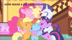 Size: 1280x720 | Tagged: safe, edit, edited screencap, screencap, character:applejack, character:fluttershy, character:pinkie pie, character:rainbow dash, character:rarity, character:twilight sparkle, character:twilight sparkle (unicorn), species:pony, species:unicorn, episode:the cutie mark chronicles, g4, my little pony: friendship is magic, animated, hug, implied cozy glow, sound, sugarcube corner, the amazing world of gumball, webm