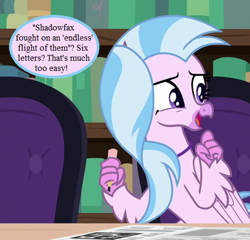 Size: 468x450 | Tagged: safe, edit, edited screencap, screencap, character:silverstream, species:pony, episode:school raze, g4, my little pony: friendship is magic, cropped, crossword puzzle, cute, dialogue, diastreamies, library, lord of the rings, pencil, speech bubble, that hippogriff sure does love stairs
