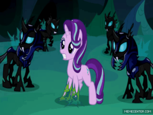 Size: 500x374 | Tagged: safe, edit, edited screencap, screencap, character:queen chrysalis, character:starlight glimmer, character:thorax, species:changeling, episode:to where and back again, g4, my little pony: friendship is magic, animated, animation error, aura, autobot, changeling guard, changeling hive, changeling queen, clash of hasbro's titans, corrupted, disguise, disguised changeling, female, gif, hissing, hot rod, memecenter, power of the primes, red eyes, rodimus cron, rodimus prime, rodimus unicronus, such as, throne room, transformation, transformers, unicron