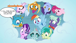 Size: 1920x1080 | Tagged: safe, edit, edited screencap, screencap, character:bifröst, character:gallus, character:night view, character:november rain, character:ocellus, character:rainbow dash, character:sandbar, character:silverstream, character:smolder, character:starlight glimmer, species:changedling, species:changeling, species:dragon, species:griffon, species:hippogriff, species:pegasus, species:pony, species:reformed changeling, species:unicorn, episode:school raze, g4, my little pony: friendship is magic, cloud, dialogue, dragoness, female, friendship student, hole, implied yona, looking down, male, mare, nick jr., nickelodeon, speech bubble, students, surprised, teenager, text