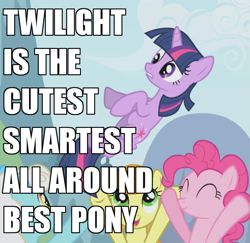 Size: 741x720 | Tagged: safe, edit, edited screencap, screencap, character:carrot top, character:golden harvest, character:pinkie pie, character:serena, character:twilight sparkle, species:earth pony, species:pony, species:unicorn, episode:the ticket master, g4, my little pony: friendship is magic, artifact, best pony, female, image macro, mare