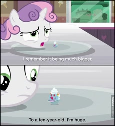Size: 604x659 | Tagged: safe, edit, edited screencap, screencap, character:sweetie belle, episode:forever filly, g4, my little pony: friendship is magic, captain hook, caption, comic, filly clown suprise, food, hook, hook (movie), ice cream, out of context, screencap comic, sundae