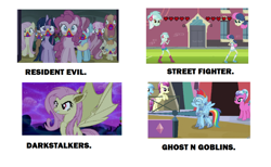 Size: 1024x629 | Tagged: safe, edit, edited screencap, screencap, character:big mcintosh, character:bon bon, character:cheerilee, character:cup cake, character:flutterbat, character:fluttershy, character:lyra heartstrings, character:pinkie pie, character:pound cake, character:pumpkin cake, character:rainbow dash, character:sweetie drops, character:twilight sparkle, character:twilight sparkle (alicorn), species:alicorn, species:bat pony, species:crystal pony, species:pony, episode:28 pranks later, episode:all's fair in love & friendship games, episode:scare master, episode:the crystal empire, g4, my little pony: equestria girls, my little pony: friendship is magic, my little pony:equestria girls, armor, crystal guard armor, darkstalkers, ghost n goblins, ghosts and goblins, lance, race swap, resident evil, street fighter, weapon