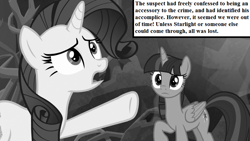 Size: 800x450 | Tagged: safe, edit, edited screencap, screencap, character:rarity, character:twilight sparkle, character:twilight sparkle (alicorn), species:alicorn, species:pony, episode:rarity investigates, episode:school raze, g4, my little pony: friendship is magic, grayscale, implied cozy glow, implied starlight glimmer, implied tirek, monochrome, narration, tartarus, text, text box