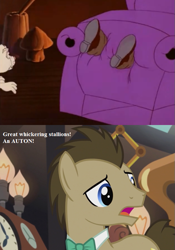 Size: 567x810 | Tagged: safe, edit, edited screencap, screencap, character:doctor whooves, character:habbit, character:mr moochick, character:time turner, episode:slice of life, episode:the quest of the princess ponies, g1, g4, my little pony 'n friends, my little pony: friendship is magic, bow tie, chair, cropped, dialogue, doctor who, g1 to g4, generation leap, terror of the autons, vore