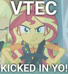 Size: 1439x1572 | Tagged: safe, edit, edited screencap, screencap, character:sunset shimmer, episode:driving miss shimmer, g4, my little pony: equestria girls, my little pony:equestria girls, cropped, driving miss shimmer: applejack, geode of telekinesis, honda, solo focus