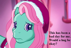 Size: 882x594 | Tagged: safe, edit, edited screencap, screencap, character:minty, episode:a very minty christmas, g3, bronybait, christmas, clothing, cropped, cute, hat, holiday, hug request, mintabetes, sad, santa hat, solo, text