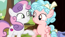Size: 1152x648 | Tagged: safe, edit, edited screencap, screencap, character:cozy glow, character:sweetie belle, species:pegasus, species:pony, species:unicorn, episode:marks for effort, g4, my little pony: friendship is magic, censored, cutie mark, duo, female, filly, holding hooves, mosaic censor, the cmc's cutie marks, unnecessary censorship, very fucking necessary censorship