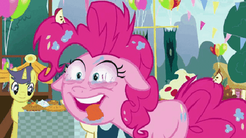 Size: 480x270 | Tagged: safe, edit, edited screencap, screencap, character:bon bon, character:comet tail, character:pinkie pie, character:sweetie drops, episode:secrets and pies, g4, my little pony: friendship is magic, animated, bloodshot eyes, crazy face, faec, floppy ears, gif, loop, nightmare fuel, teary eyes