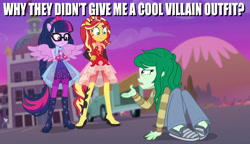 Size: 1872x1080 | Tagged: safe, edit, edited screencap, screencap, character:sunset shimmer, character:twilight sparkle, character:twilight sparkle (scitwi), character:wallflower blush, species:eqg human, equestria girls:forgotten friendship, g4, my little pony: equestria girls, my little pony:equestria girls, female, ponied up, scitwilicorn, striped sweater, super ponied up, wings