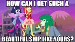 Size: 1920x1080 | Tagged: safe, edit, edited screencap, screencap, character:sunset shimmer, character:twilight sparkle, character:twilight sparkle (scitwi), character:wallflower blush, species:eqg human, ship:scitwishimmer, ship:sunsetsparkle, equestria girls:forgotten friendship, g4, my little pony: equestria girls, my little pony:equestria girls, female, image macro, left out, lesbian, meme, opinion, ponied up, ponytail, scitwilicorn, shipping, text, wings