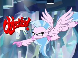 Size: 1490x1117 | Tagged: safe, edit, edited screencap, screencap, character:silverstream, species:classical hippogriff, species:hippogriff, episode:what lies beneath, g4, my little pony: friendship is magic, ace attorney, angry, beak, cropped, female, flying, meme, narrowed eyes, objection, phoenix wright, pointing, school of friendship, solo, spread wings, text, wings