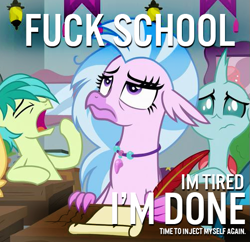 Size: 503x486 | Tagged: safe, edit, edited screencap, screencap, character:gallus, character:ocellus, character:sandbar, character:silverstream, character:smolder, species:changedling, species:classical hippogriff, species:griffon, species:hippogriff, episode:school daze, g4, my little pony: friendship is magic, bored, cropped, meme, offscreen character, school of friendship, tired, vulgar, writing, yawn