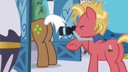 Size: 800x450 | Tagged: safe, edit, edited screencap, screencap, character:mochaccino, character:rare find, species:earth pony, species:pony, background pony, camera, eyes closed, eyes on the prize, male, plot, raised hoof, stallion, tropic heat