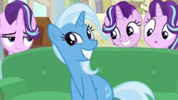 Size: 800x450 | Tagged: safe, edit, edited screencap, screencap, character:starlight glimmer, character:trixie, species:pony, species:unicorn, episode:on the road to friendship, couch, meme, piper perri surrounded, smiling