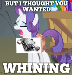 Size: 1079x1124 | Tagged: safe, edit, edited screencap, screencap, character:rarity, episode:a dog and pony show, g4, my little pony: friendship is magic, car, car parts, cropped, female, pun, roots supercharger, solo, supercharger, whining