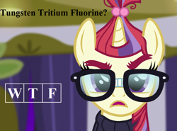 Size: 945x700 | Tagged: safe, edit, edited screencap, screencap, character:moondancer, species:pony, species:unicorn, episode:amending fences, g4, my little pony: friendship is magic, chemistry joke, cropped, female, fluorine, glasses, hydrogen, looking at you, mare, periodic table, reaction image, tritium, tungsten, vulgar, wtf