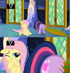Size: 1586x1662 | Tagged: safe, edit, edited screencap, screencap, character:fluttershy, character:twilight sparkle, character:twilight sparkle (alicorn), species:alicorn, species:pony, episode:the hooffields and mccolts, g4, my little pony: friendship is magic, ass up, duo, glowing cutie mark, stuck, twilight's castle, umbrella