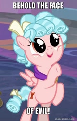 Size: 500x783 | Tagged: safe, edit, edited screencap, screencap, character:cozy glow, species:pegasus, species:pony, episode:school raze, g4, my little pony: friendship is magic, cozy glow is best facemaker, cozybetes, cropped, cute, evil, face of evil, female, filly, foal, image macro, meme, pure unfiltered adorable evil, rearing, solo, text