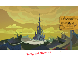Size: 2048x1536 | Tagged: safe, edit, edited screencap, screencap, episode:to where and back again, g4, my little pony: friendship is magic, changeling hive, changeling kingdom, dead trees, hive, sign, spire, swarm, words from the past, yellow sky