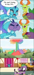 Size: 604x1315 | Tagged: safe, edit, edited screencap, screencap, character:princess ember, character:spike, character:thorax, species:changeling, species:dragon, species:reformed changeling, episode:lesson zero, episode:triple threat, g4, my little pony: friendship is magic, antlers, comic, dragoness, explosion, female, fools in april, horns, ponyville, rainbow nuke, screencap comic, spongebob squarepants, squidward tentacles, straining, town hall, town square