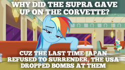 Size: 719x404 | Tagged: safe, edit, edited screencap, screencap, character:rainbow dash, episode:the saddle row review, g4, my little pony: friendship is magic, barely pony related, caption, car, chevrolet, corvette, dark comedy, engrish, honey curls, mare e. lynn, meme, offensive, op is a duck, op is trying to start shit, rainbow douche, sick, toyota, unfunny, we are going to hell, world war ii