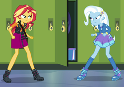 Size: 1110x783 | Tagged: safe, edit, edited screencap, screencap, character:sunset shimmer, character:trixie, equestria girls:forgotten friendship, g4, my little pony: equestria girls, my little pony:equestria girls, boots, clothing, geode of empathy, high heel boots, inverted mouth, lockers, looking at each other, magical geodes, shoes, skirt