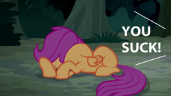 Size: 1280x720 | Tagged: safe, edit, edited screencap, screencap, character:scootaloo, species:pegasus, species:pony, episode:sleepless in ponyville, g4, my little pony: friendship is magic, abuse, background pony strikes again, downvote bait, op is a duck, op is trying to start shit, sad, scootabuse