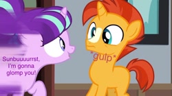 Size: 750x421 | Tagged: safe, edit, edited screencap, screencap, character:starlight glimmer, character:sunburst, species:pony, species:unicorn, episode:uncommon bond, g4, my little pony: friendship is magic, age regression, blank flank, colt sunburst, female, filly, filly starlight glimmer, great moments in animation, image macro, imminent glomp, meme, mirrored, motion blur, nyoom, pigtails, text, younger