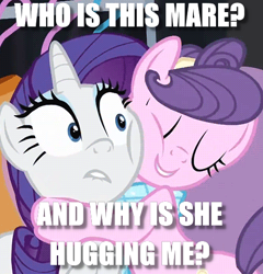 Size: 498x518 | Tagged: safe, edit, edited screencap, screencap, character:rarity, character:suri polomare, episode:rarity takes manehattan, g4, my little pony: friendship is magic, cheek squish, cropped, duo, hug, image macro, meme, question, squishy cheeks, text, uncomfortable