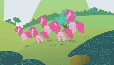 Size: 400x229 | Tagged: safe, edit, edited screencap, screencap, character:pinkie pie, species:earth pony, species:pony, episode:griffon the brush-off, g4, my little pony: friendship is magic, animated, female, foreshadowing, gif, hilarious in hindsight, mare, multeity, perfect loop, solo, too much pink energy is dangerous, xk-class end-of-the-world scenario