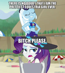 Size: 600x674 | Tagged: safe, edit, edited screencap, screencap, character:rarity, character:trixie, equestria girls:forgotten friendship, g4, my little pony: equestria girls, my little pony:equestria girls, bitch please, clothing, hat, image macro, meme, sun hat, tanning mirror, text, trixie yells at everything, vulgar