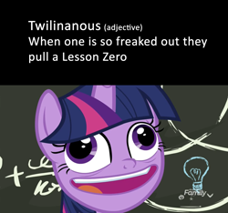 Size: 1280x1200 | Tagged: safe, edit, edited screencap, screencap, character:twilight sparkle, character:twilight sparkle (alicorn), species:alicorn, species:pony, episode:best gift ever, g4, my little pony: friendship is magic, chalkboard, derp, discovery family logo, faec, female, misspelling, pudding face, solo, twilight snapple, twilynanas