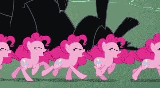 Size: 521x286 | Tagged: safe, edit, edited screencap, screencap, character:pinkie pie, species:earth pony, species:pony, episode:it's about time, g4, my little pony: friendship is magic, animated, cerberus, cerberus (character), cropped, eyes closed, female, gif, mare, multeity, multiple heads, perfect loop, running, three heads, too much pink energy is dangerous
