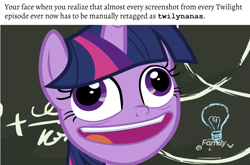 Size: 1631x1079 | Tagged: safe, edit, edited screencap, screencap, character:twilight sparkle, character:twilight sparkle (alicorn), species:alicorn, species:pony, episode:best gift ever, g4, my little pony: friendship is magic, chalkboard, derp, discovery family logo, faec, female, image macro, lightbulb, mare, meme, mfw, pudding face, solo, tagging, text, twilynanas