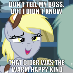Size: 500x500 | Tagged: safe, edit, edited screencap, screencap, character:derpy hooves, species:pegasus, species:pony, episode:best gift ever, g4, my little pony: friendship is magic, caption, clothing, cropped, dialogue, drunk, drunkerpy, female, hat, image macro, impact font, mailmare, mailmare hat, mare, meme, smiling, solo, squint, talking, text